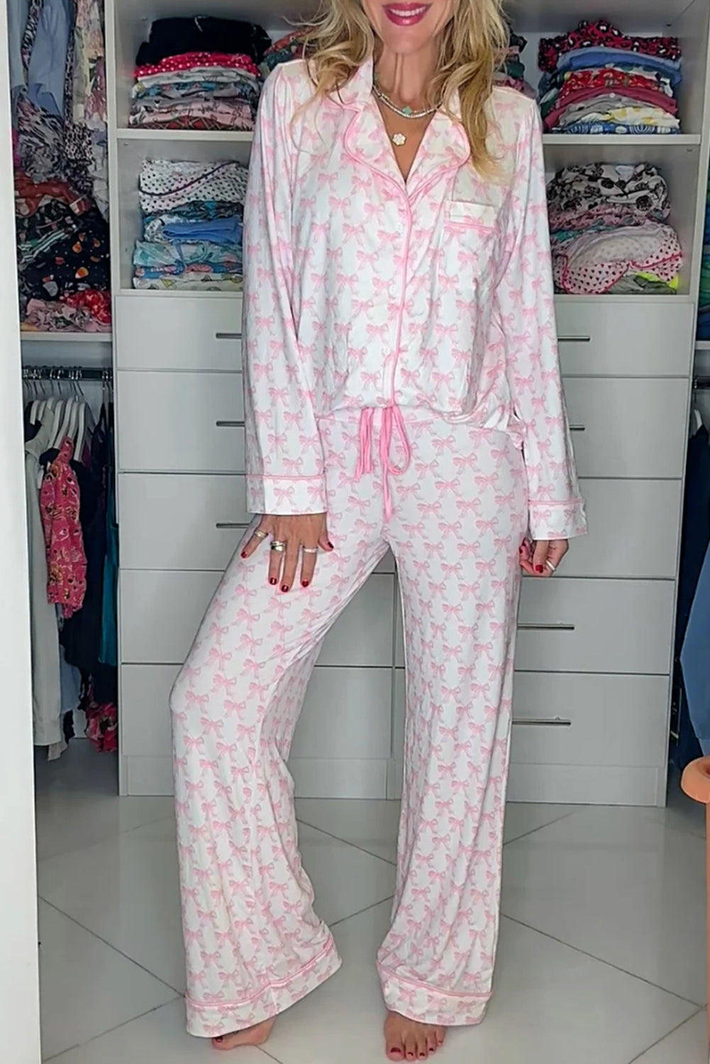 Sky Blue Bow Print Long Sleeve Pajama Set