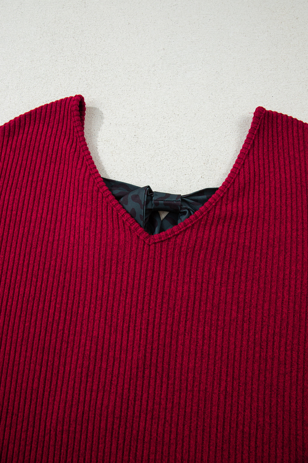 Racing Red Ribbed V Neck Bow Back Top