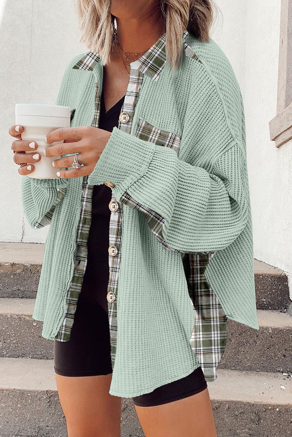 Grass Green Plaid Patchwork Knit Cardigan