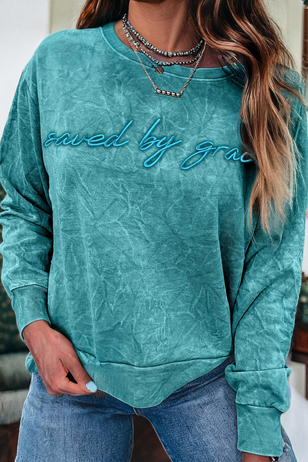 Saved by grace Letter Embroidery Mineral Wash Loose Sweatshirt