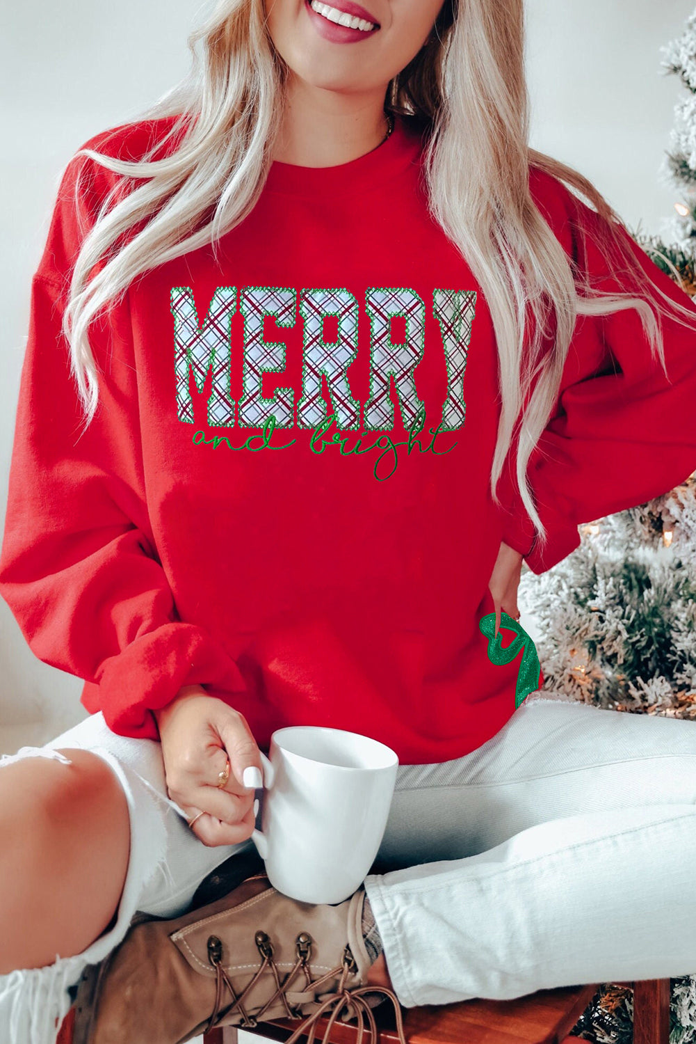 Merry and Bright Plaid Embroidered Letter Sweatshirt