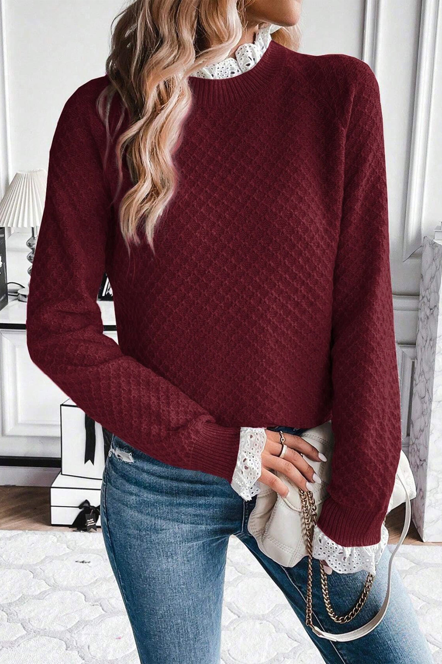 Burgundy Lace Frilled Trim Raglan Sleeve Sweater