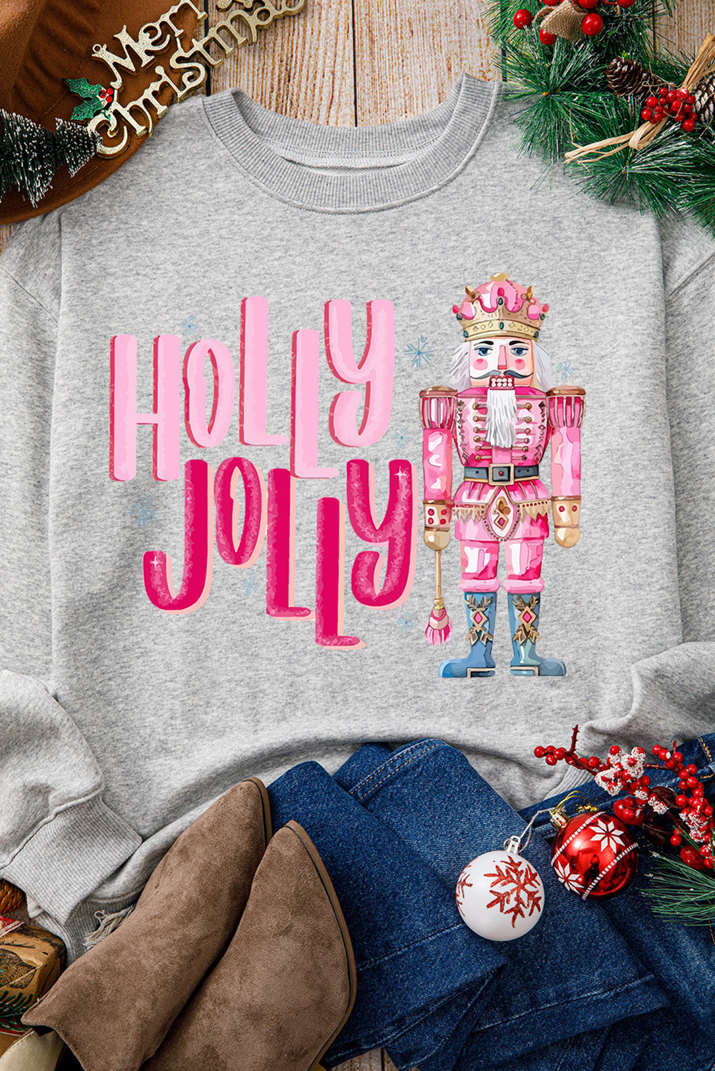 HOLLY JOLLY Nutcracker Print Crew Neck Christmas Sweatshirt