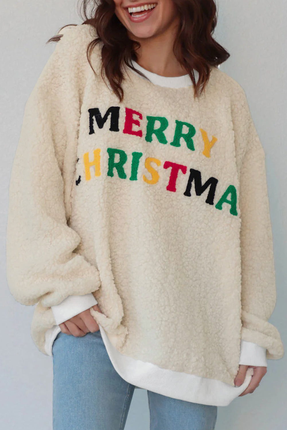 MERRY CHRISTMAS Embroidered Sherpa Pullover