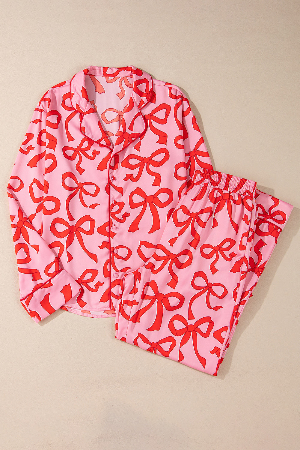 Pink Bow Print Shirt Style Long Sleeve 2pcs Pj set