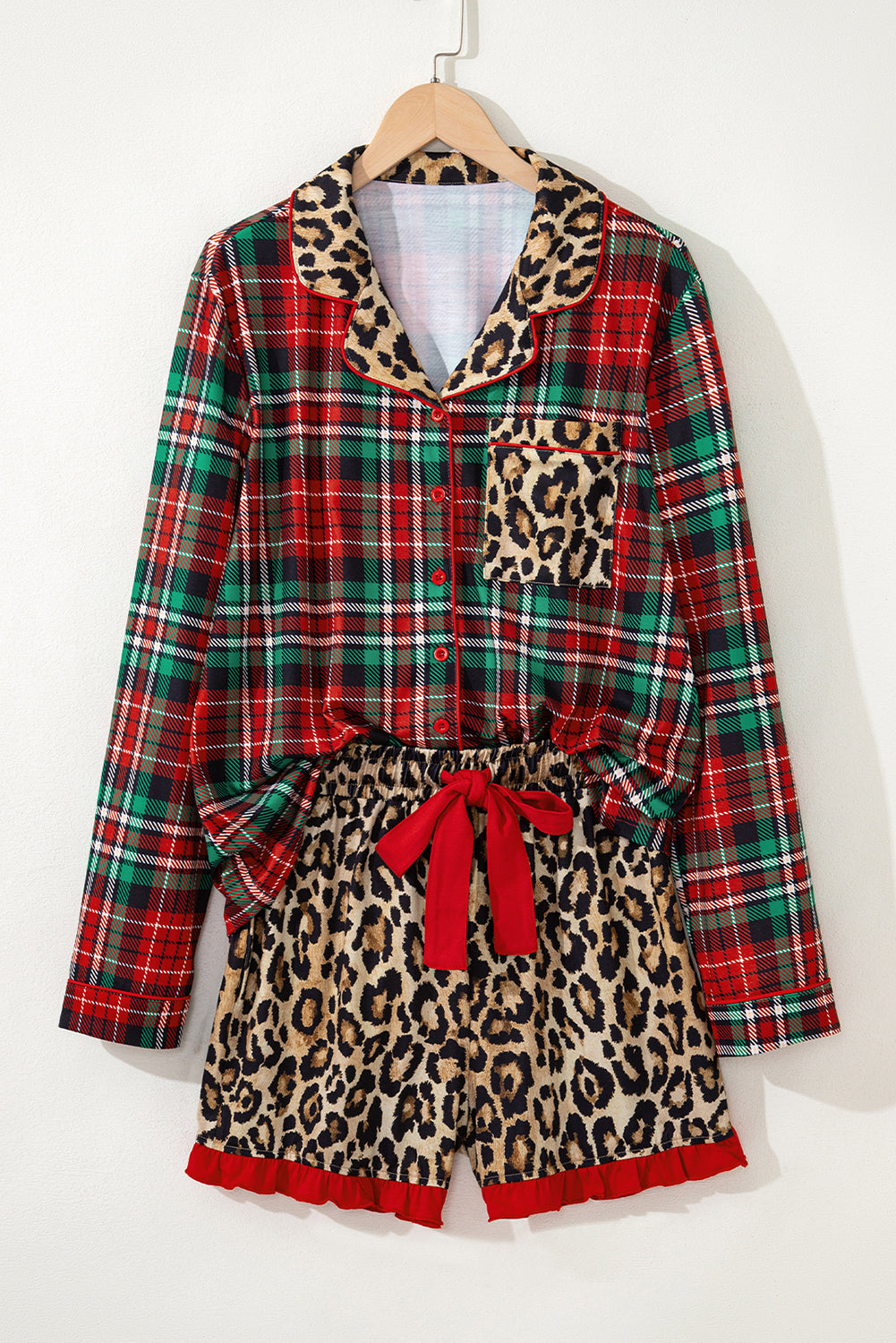 Racing Red Retro Plaid Leopard Print  Long Sleeve Shorts Pajama Set