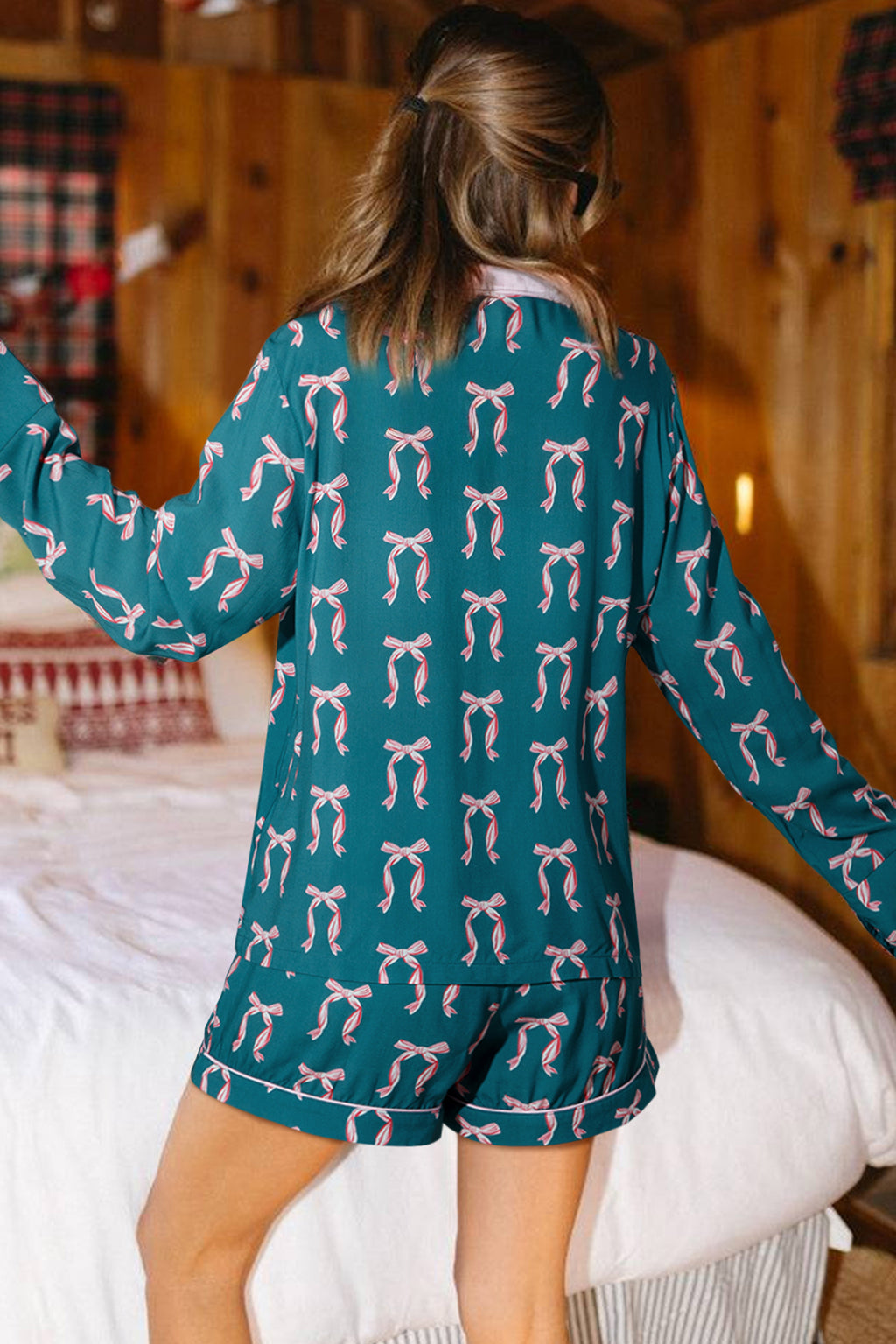 Green Ribbon Bow Print Silky Long Sleeve 2pcs Pajama Set
