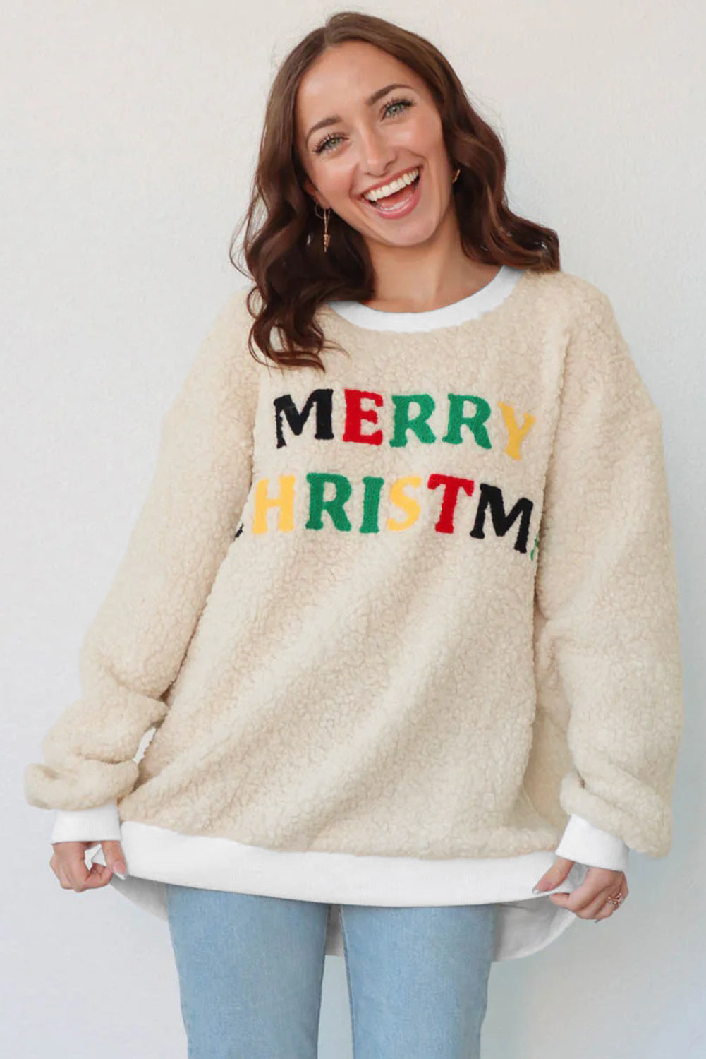 MERRY CHRISTMAS Embroidered Sherpa Pullover