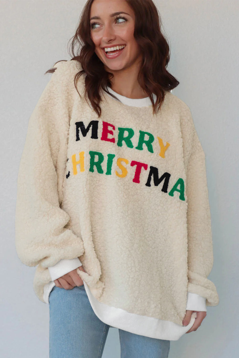 MERRY CHRISTMAS Embroidered Sherpa Pullover