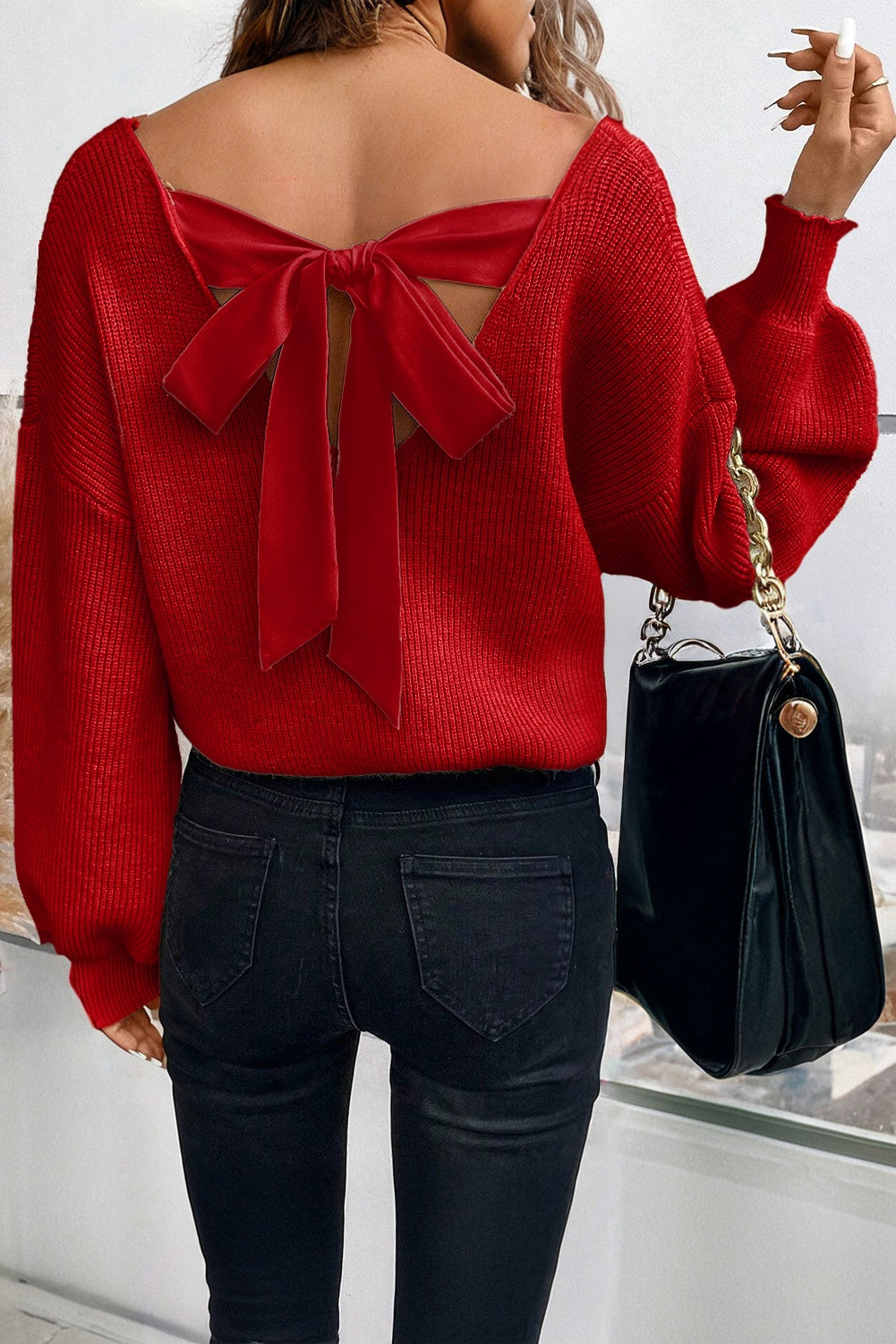Racing Red V Neck Knot Back Sweater