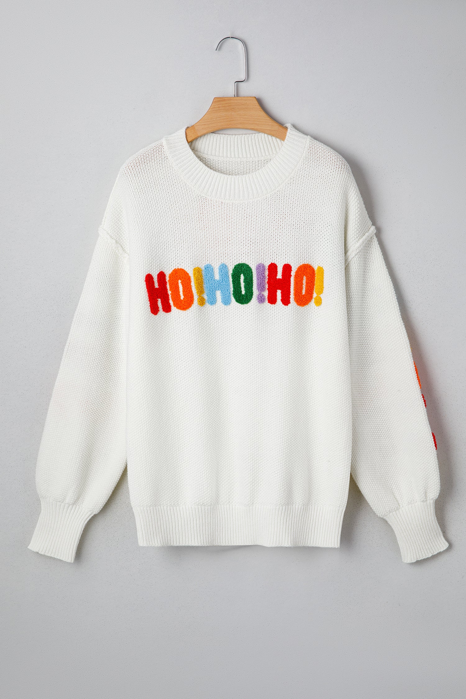 White HOHOHO MERRY CHRISTMAS Chenille Graphic Drop Shoulder Holiday Sweater