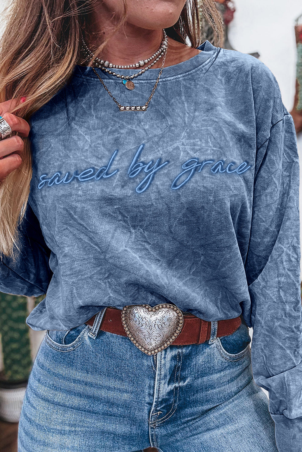 Saved by grace Letter Embroidery Mineral Wash Loose Sweatshirt