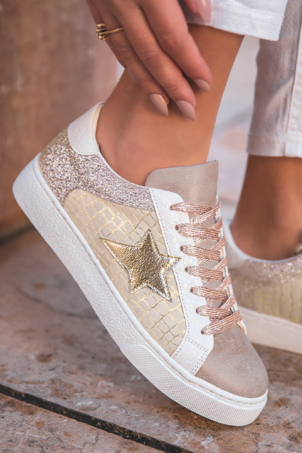 Gold Glitter Star Patchwork Leather Lace-up Sneakers