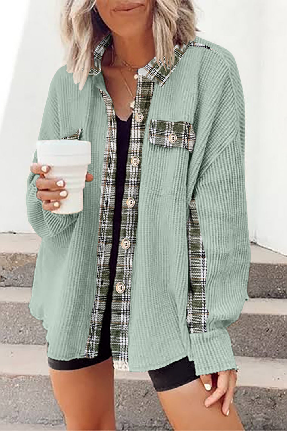Grass Green Plaid Patchwork Knit Cardigan