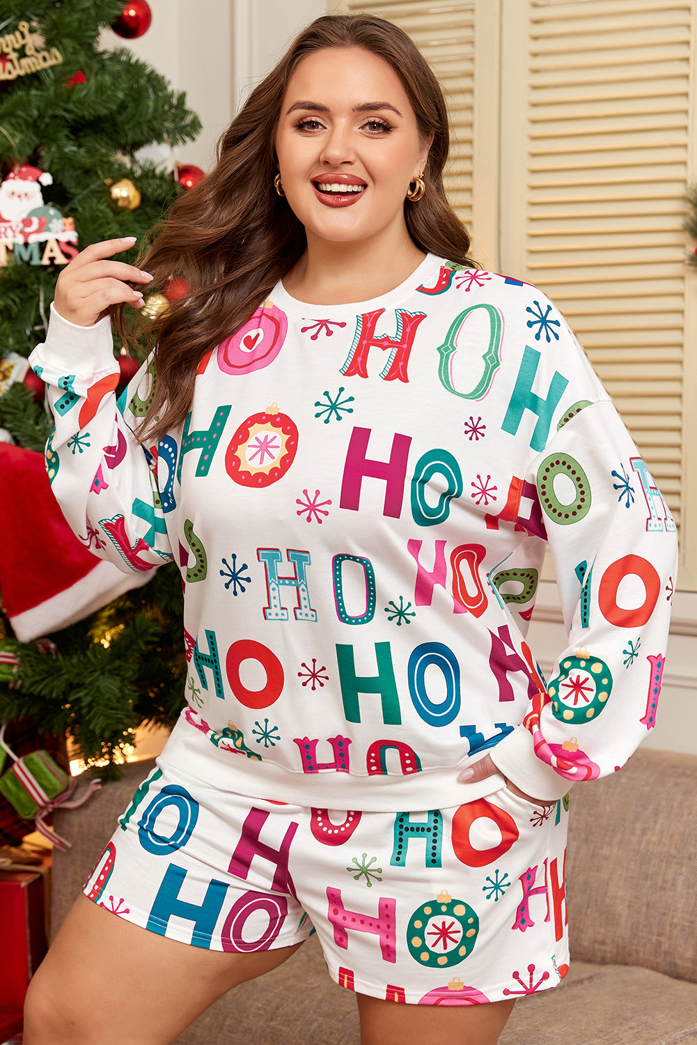 Ho Ho Ho Print Plus Size Long Sleeve 2pc Lounge Set