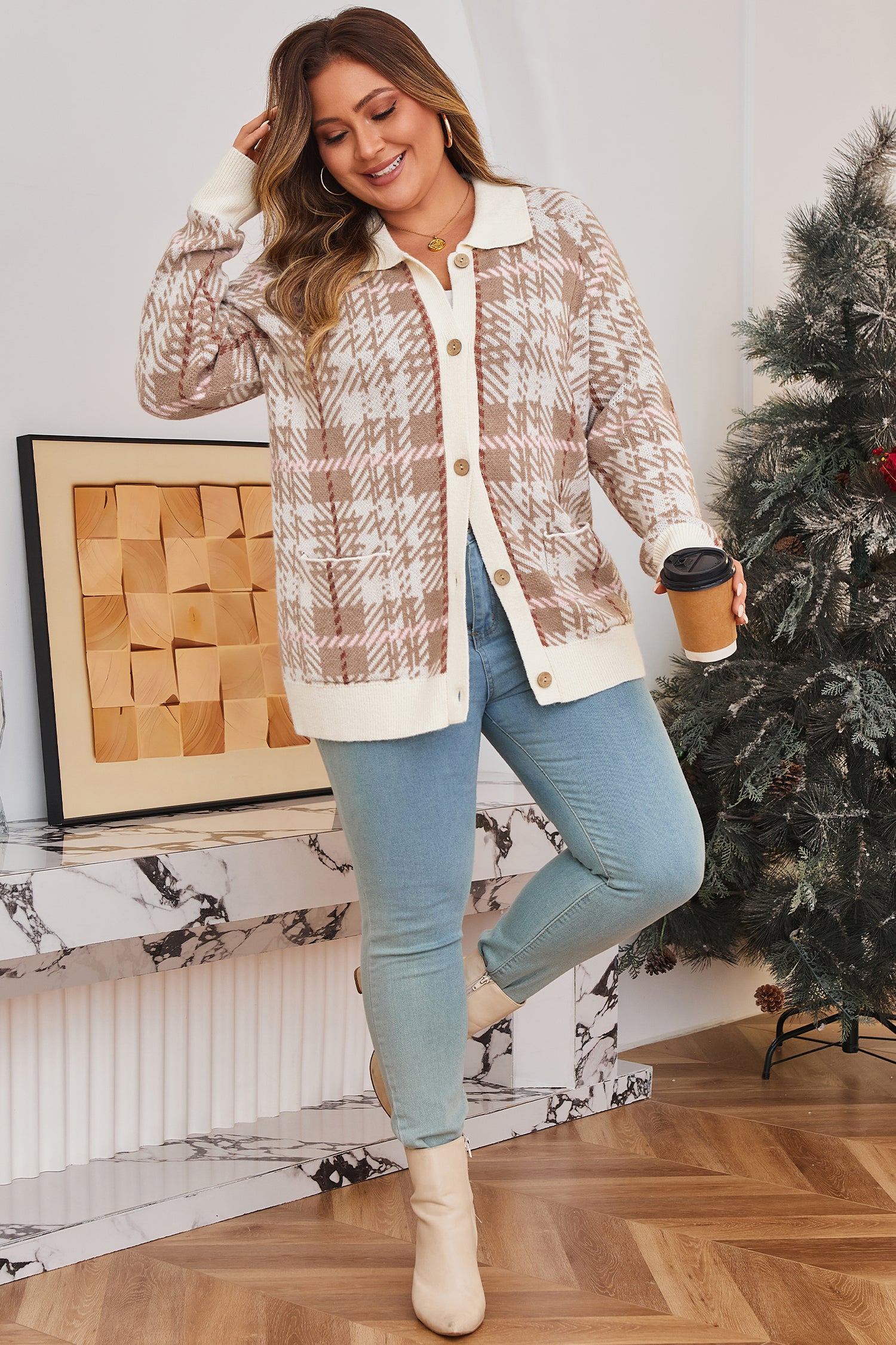 Khaki Vintage Button Front Plus Size Cardigan Sweater