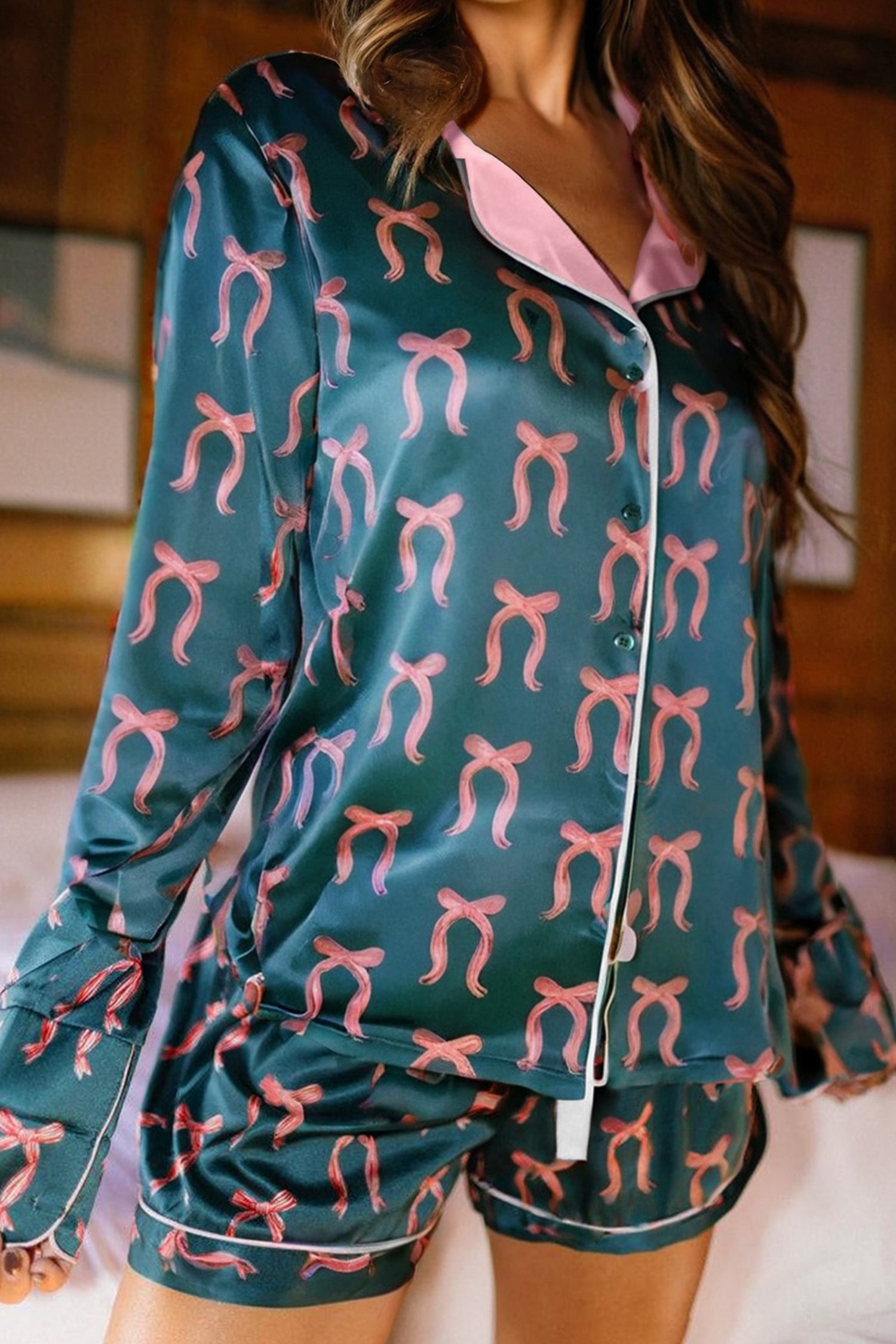 Green Ribbon Bow Print Silky Long Sleeve 2pcs Pajama Set