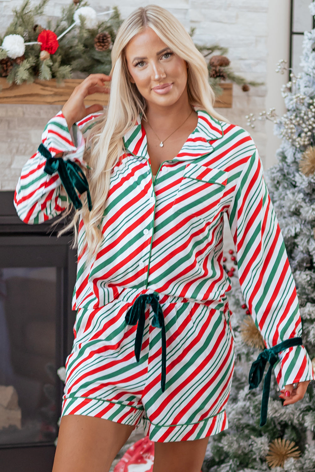Green Velvet Ribbon Knot Christmas 2pcs Pajama Set