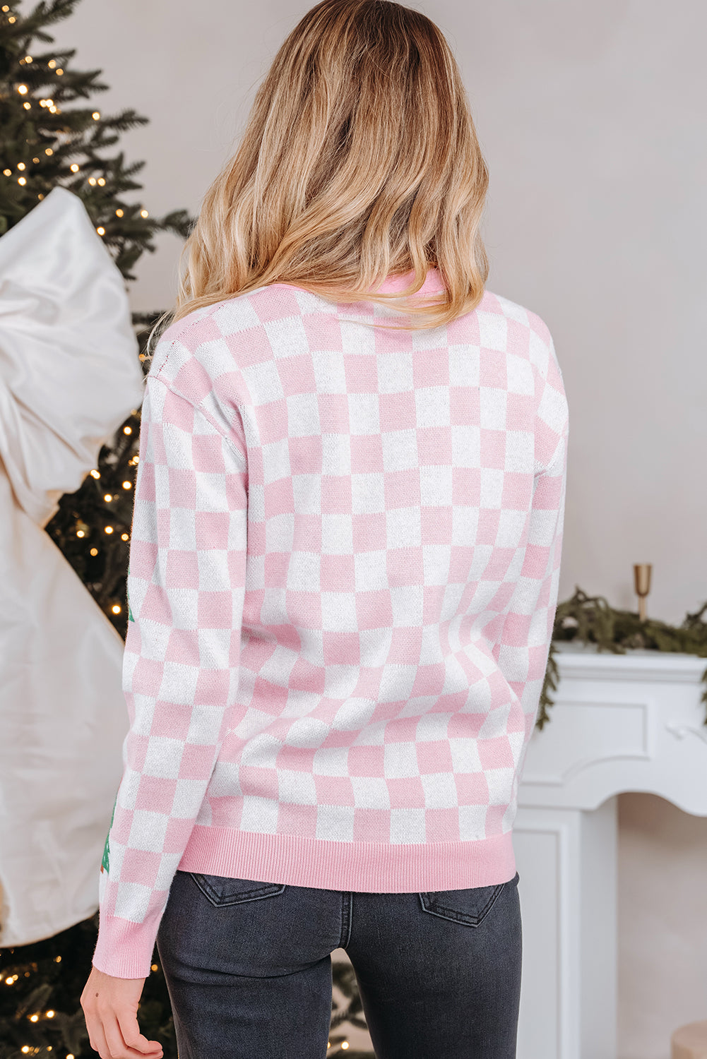 Pink Checkered Christmas Tree V Neck Cardigan Sweater
