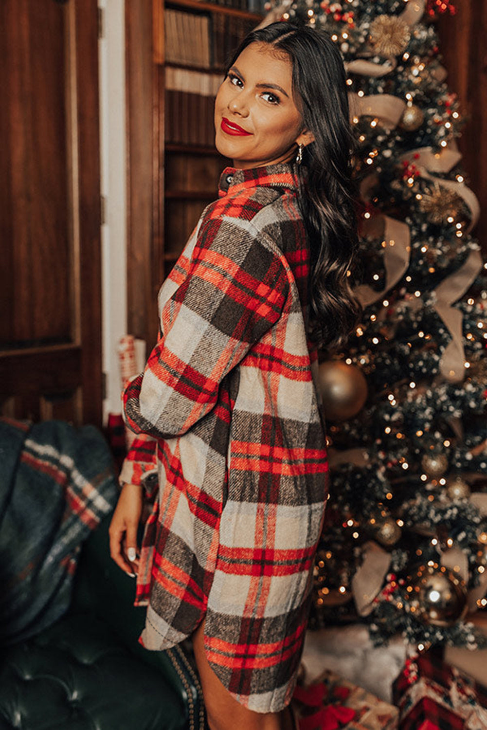 Red Brushed Plaid Buttoned Extra Long Flannel