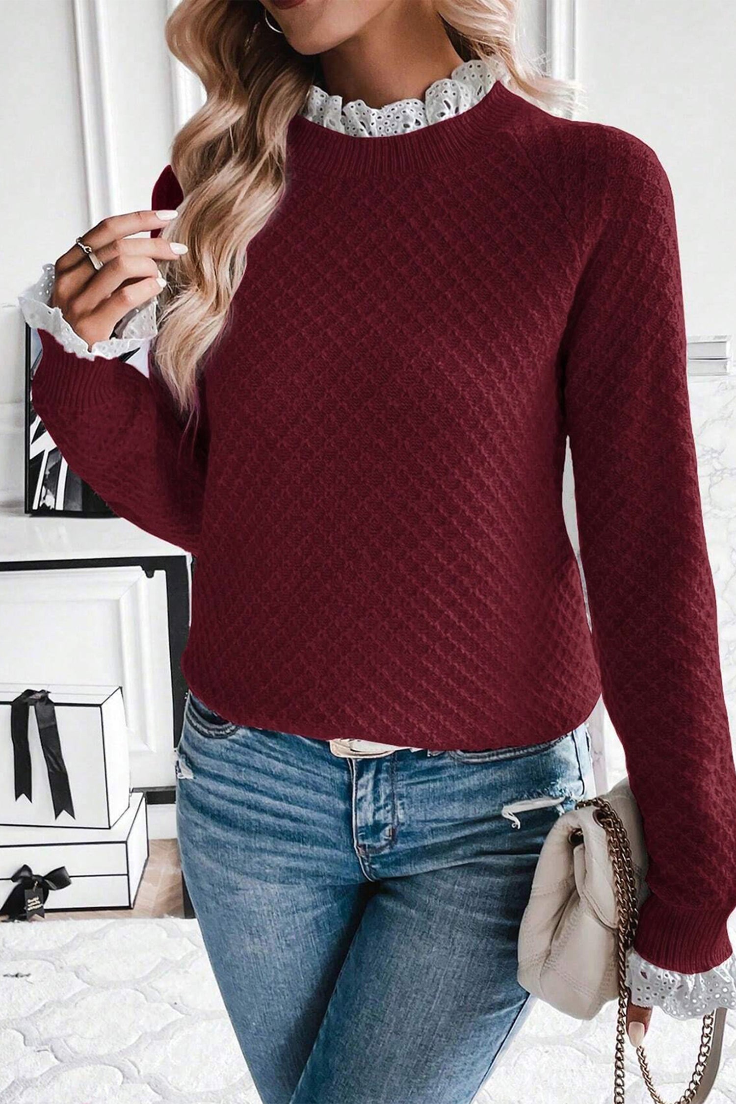 Burgundy Lace Frilled Trim Raglan Sleeve Sweater