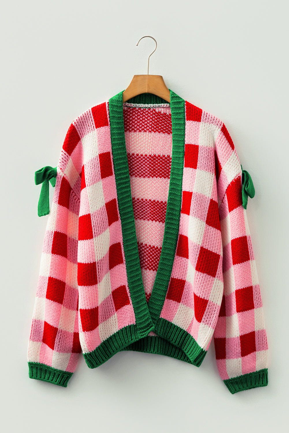 Pink Plaid Knit Bow Cardigan