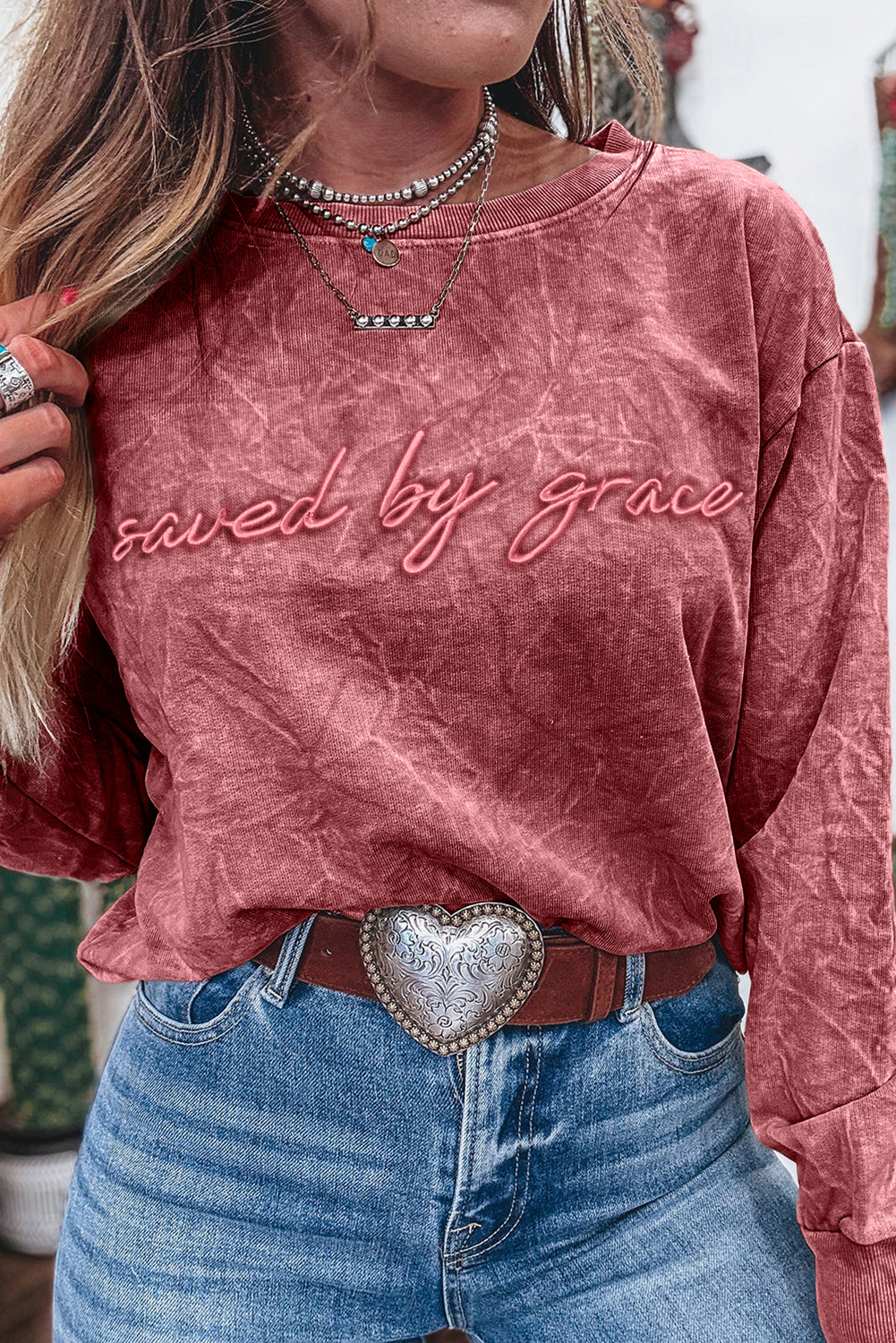 Saved by grace Letter Embroidery Mineral Wash Loose Sweatshirt