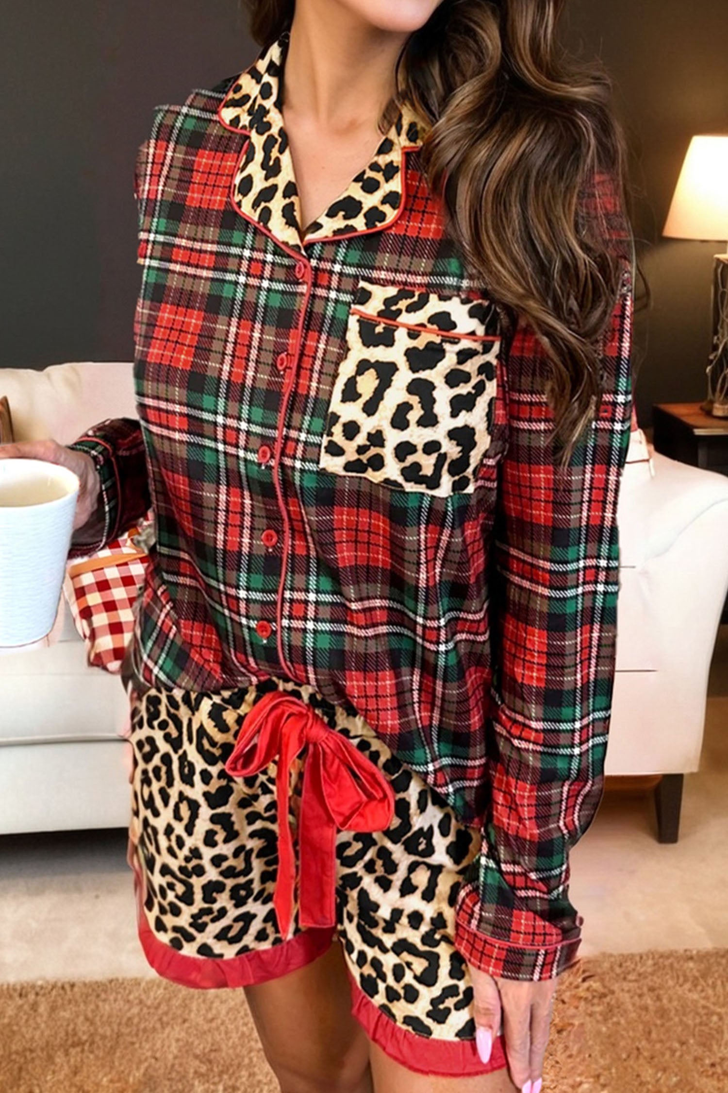 Racing Red Retro Plaid Leopard Print  Long Sleeve Shorts Pajama Set