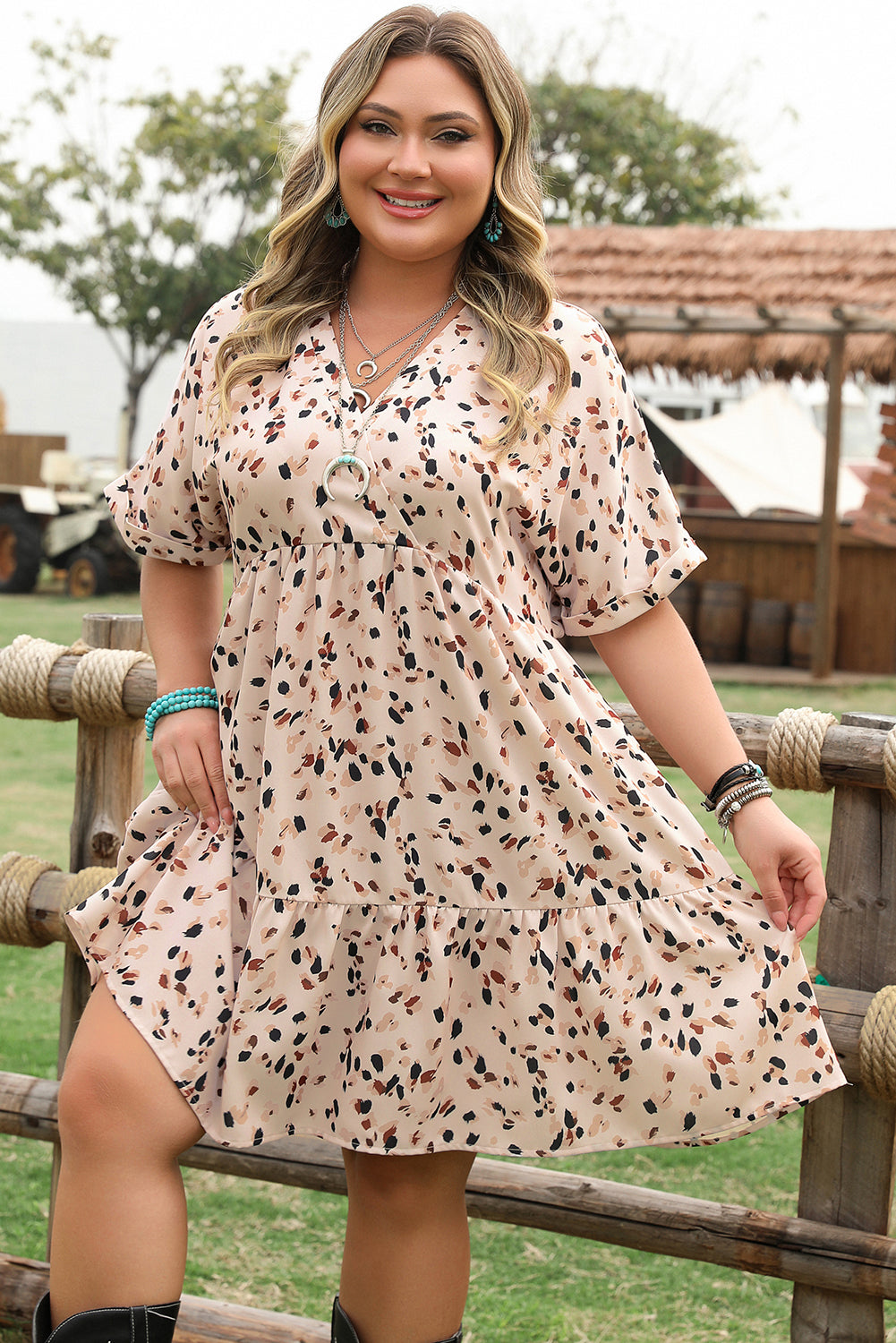 Beige Printed Empire Waist Plus Size Dress