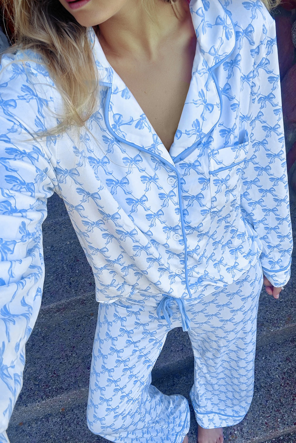 Sky Blue Bow Print Long Sleeve Pajama Set