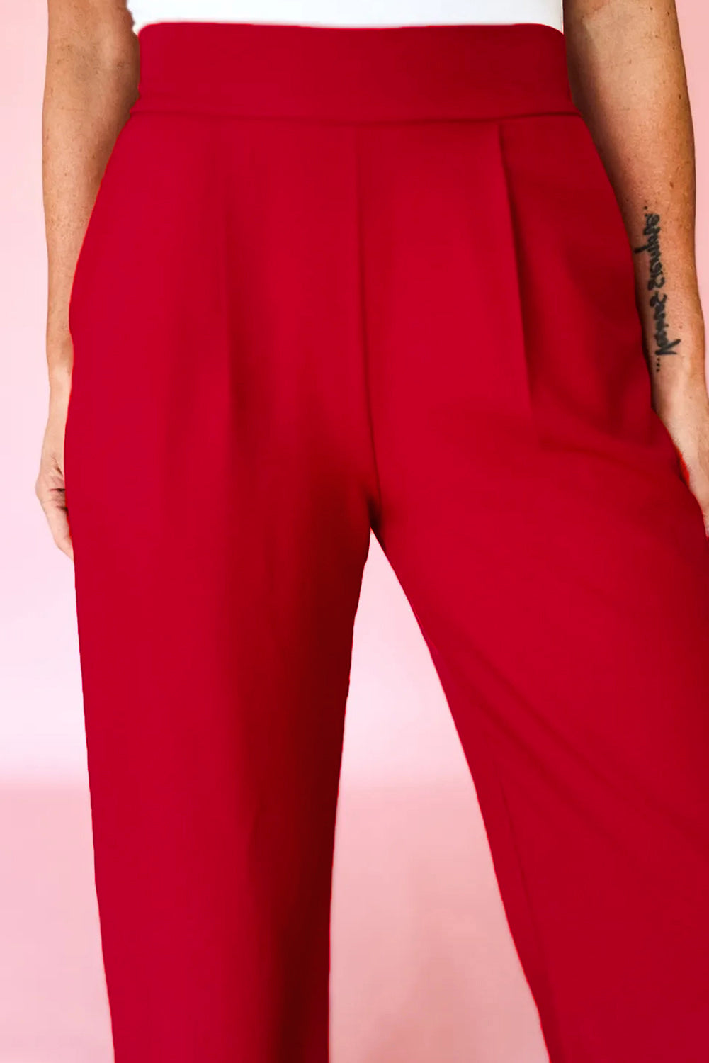 Fiery Red Pleated High Elastic Waist Loose Straight Pants