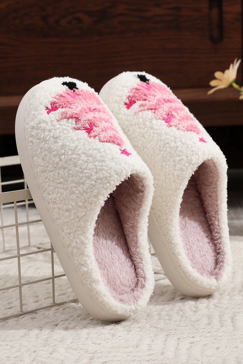 White Plush Christmas Tree House Slippers