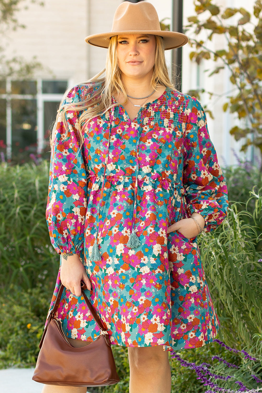 Floral Print Shirred Ruffle Tiered Mini Dress