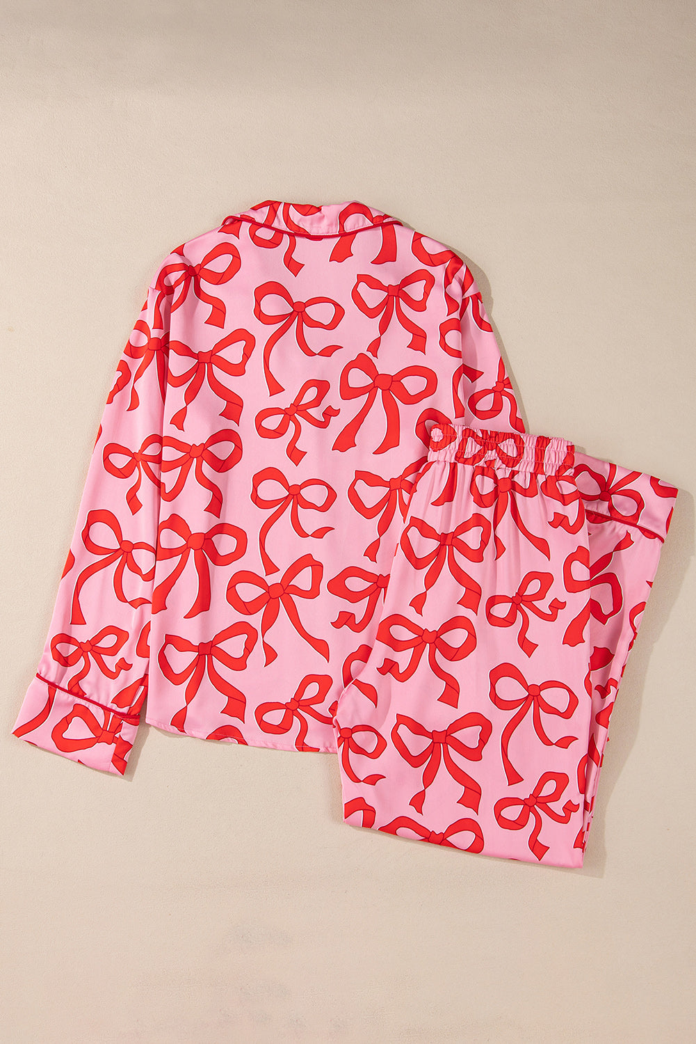 Pink Bow Print Shirt Style Long Sleeve 2pcs Pj set