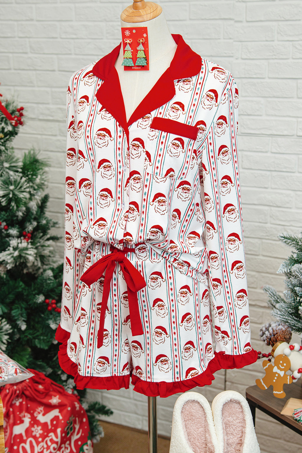White Santa & Stripes Ruffle PJ Set