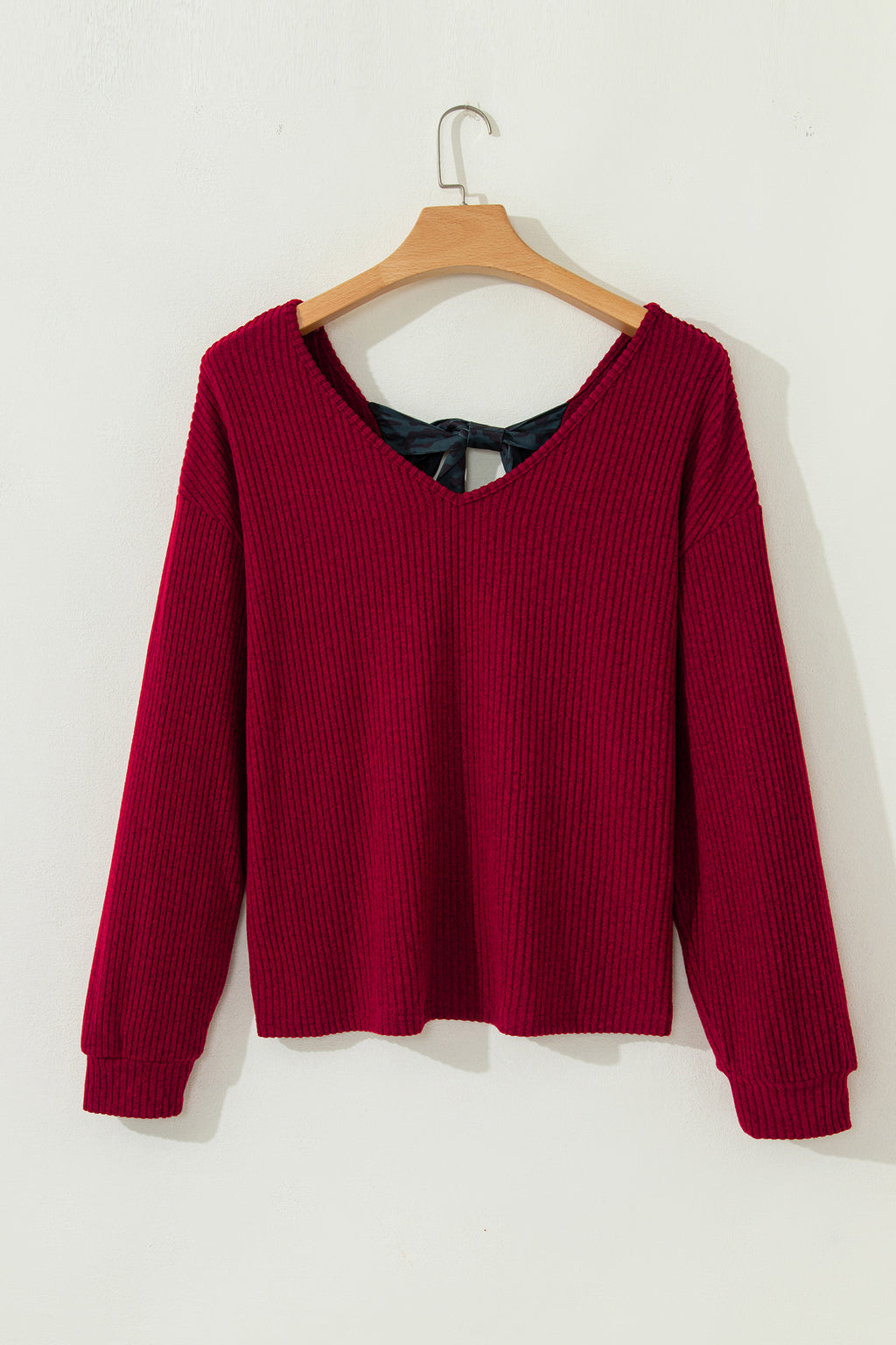 Racing Red Ribbed V Neck Bow Back Top