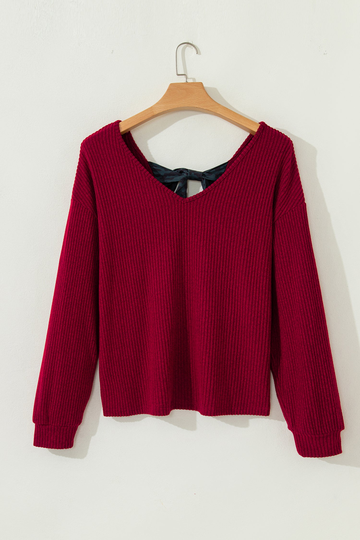 Racing Red Ribbed V Neck Bow Back Top