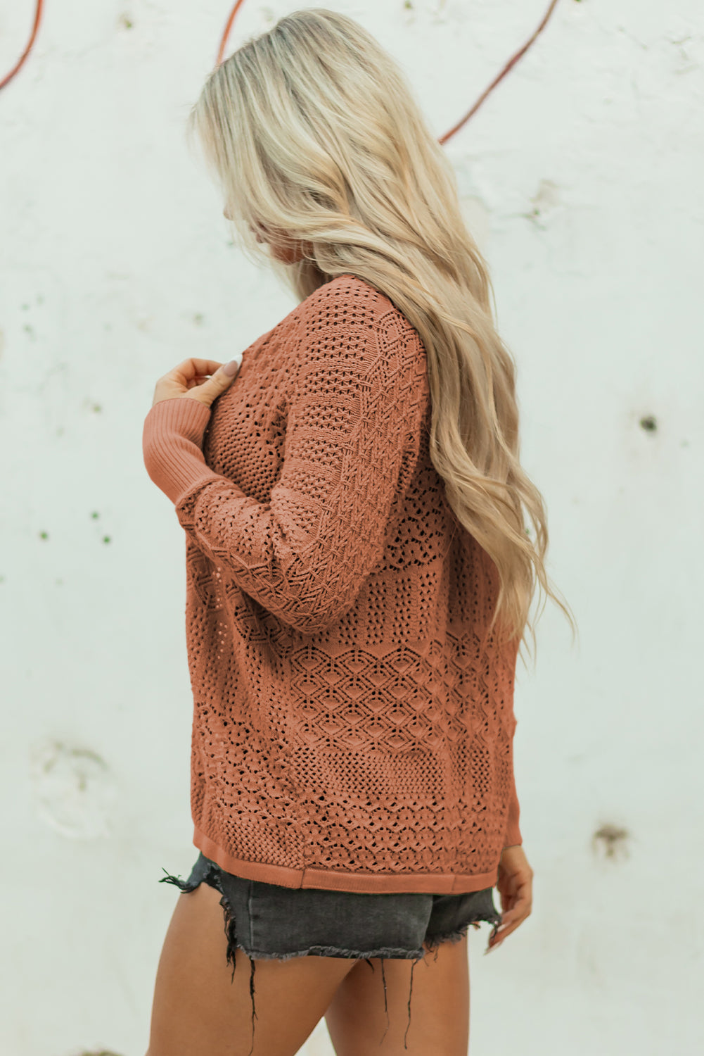 Pattern Hollowed Knit Open Front Cardigan