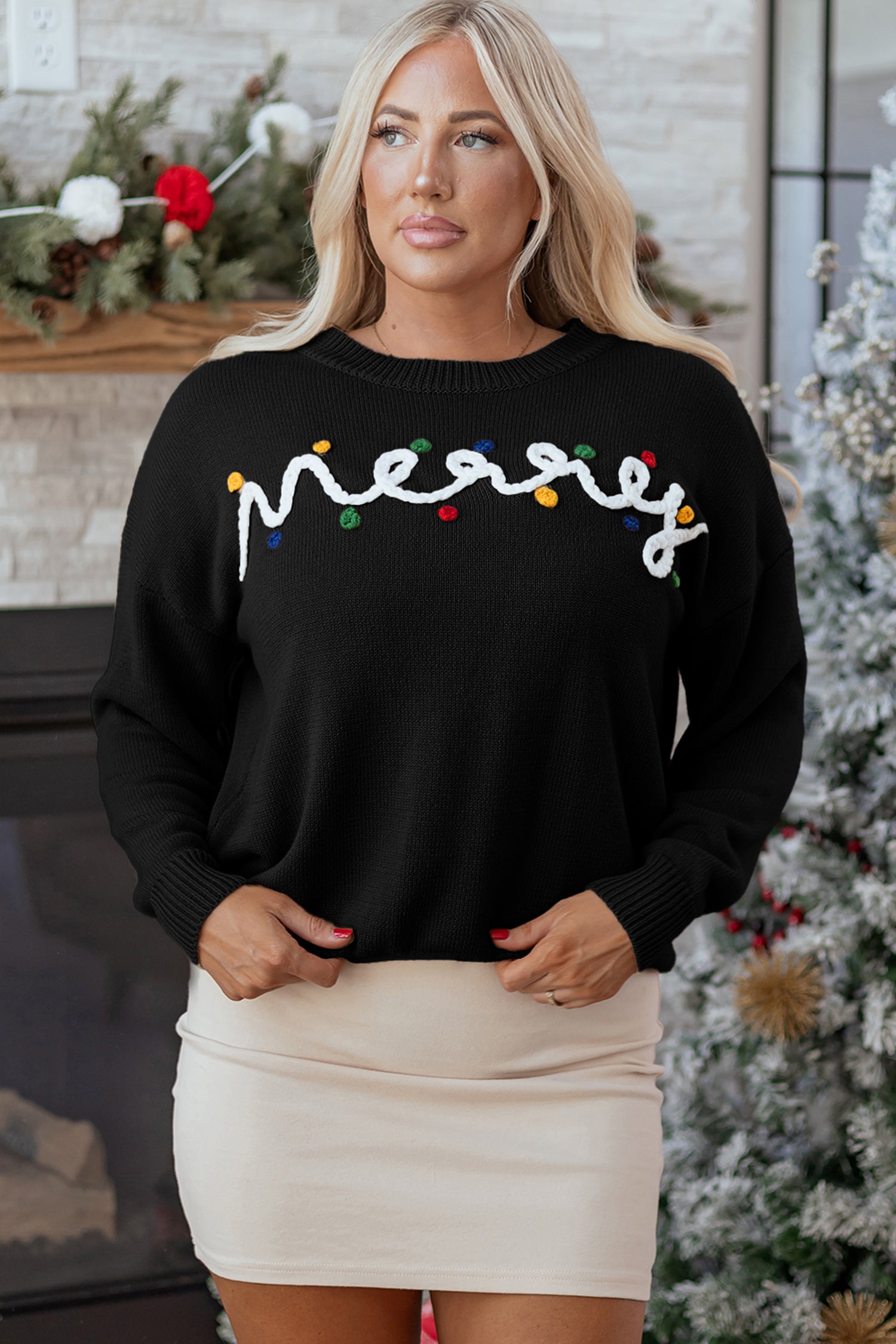 Merry Colorful Dot Detail Christmas Drop Shoulder Sweater