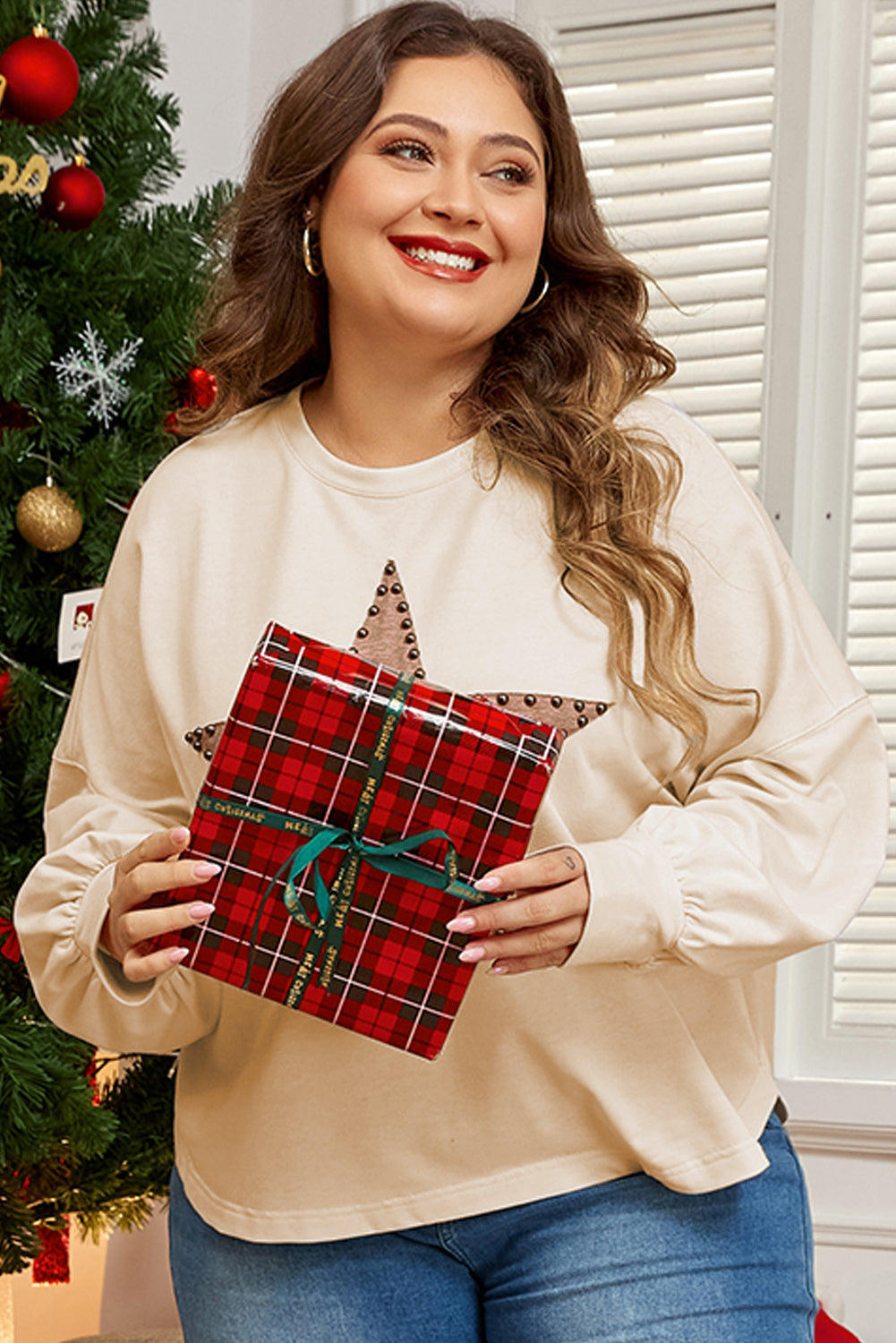 Beige Star Shape Studded Crew Neck Plus Size Top