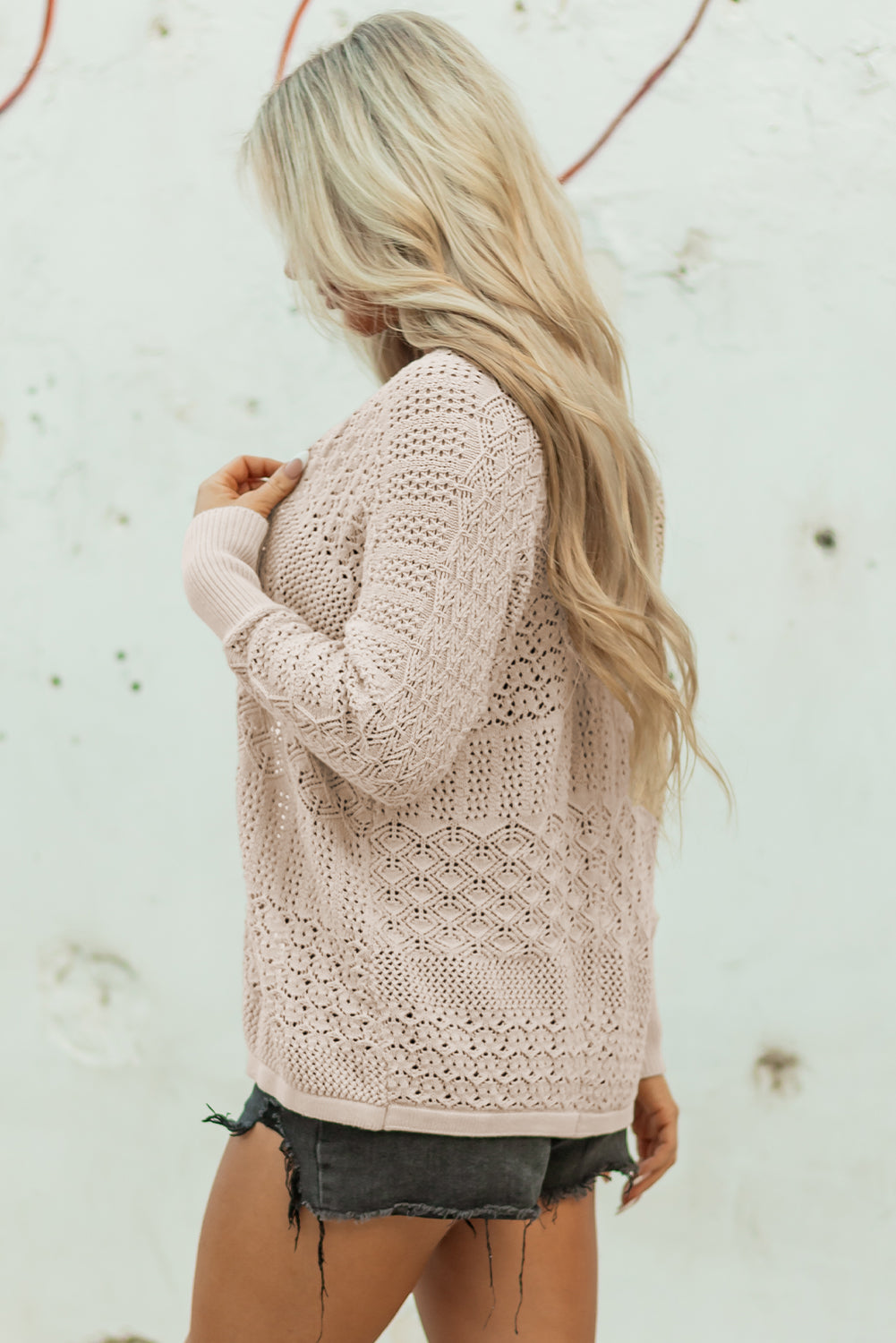 Pattern Hollowed Knit Open Front Cardigan