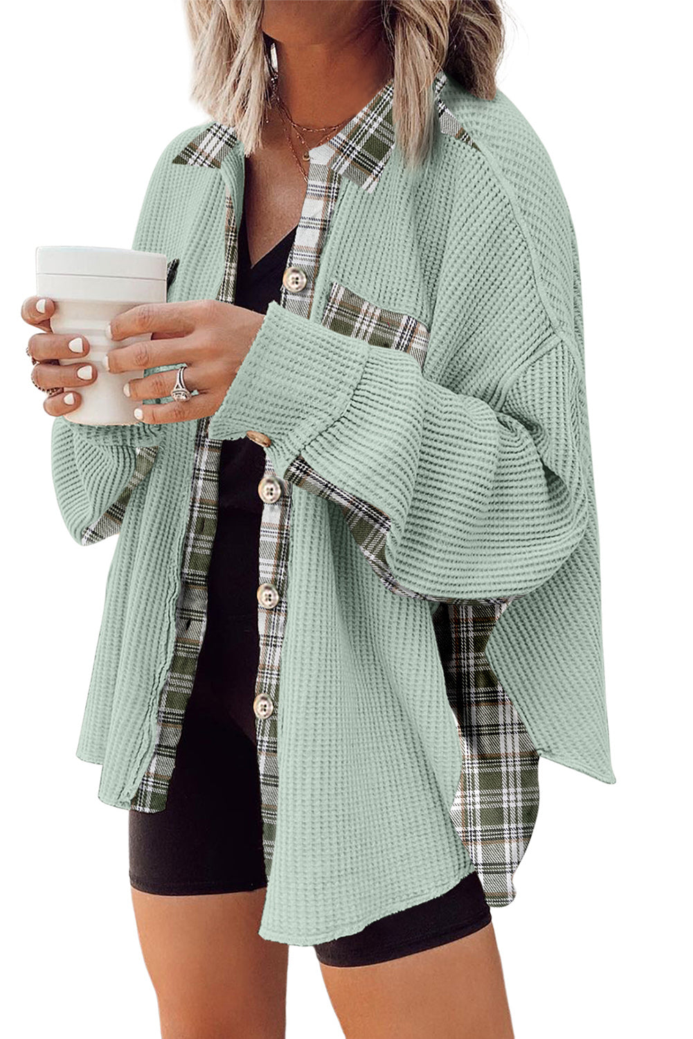 Grass Green Plaid Patchwork Knit Cardigan