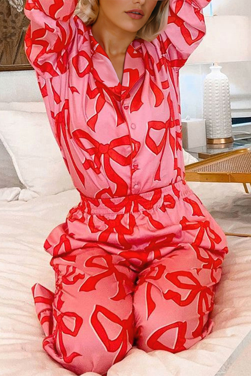 Pink Bow Print Shirt Style Long Sleeve 2pcs Pj set