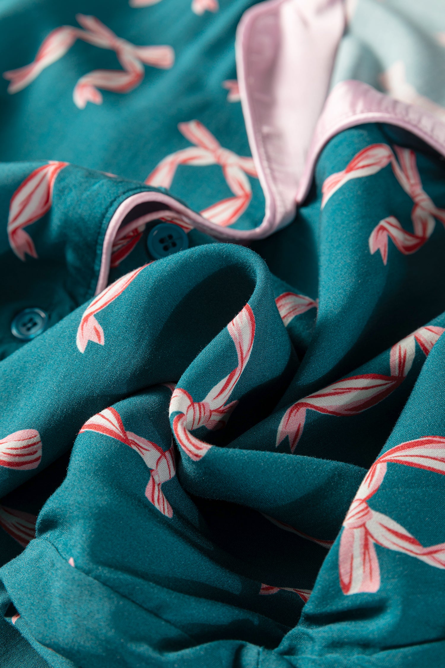 Green Ribbon Bow Print Silky Long Sleeve 2pcs Pajama Set