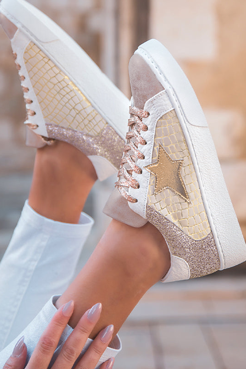 Gold Glitter Star Patchwork Leather Lace-up Sneakers