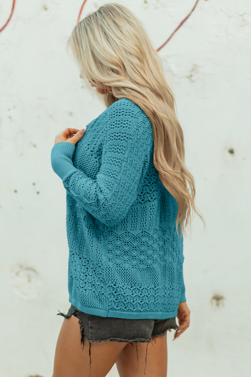 Pattern Hollowed Knit Open Front Cardigan