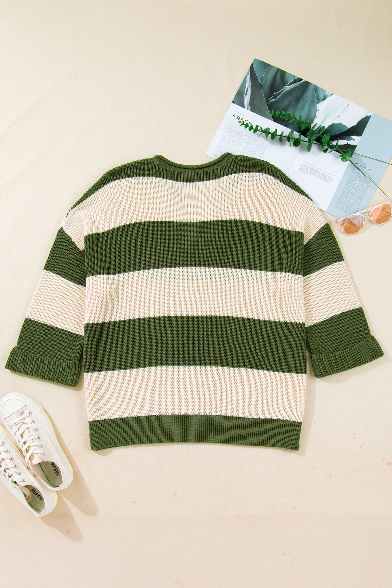Green Stripe Colorblock Plus Size Sweater