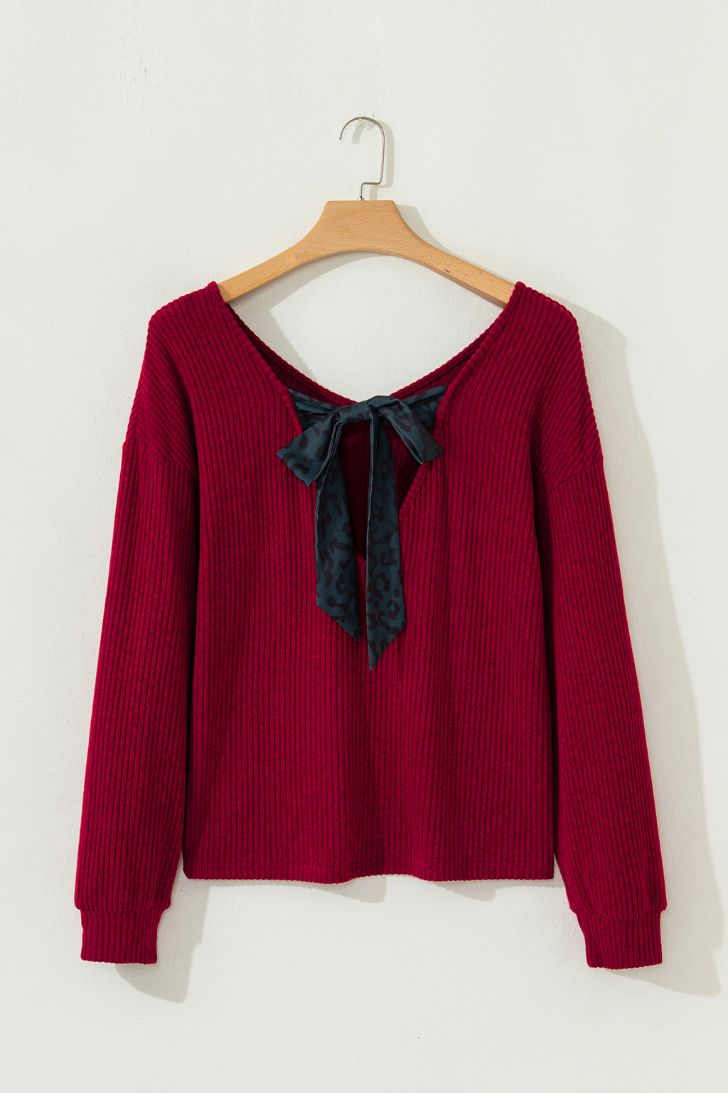 Racing Red Ribbed V Neck Bow Back Top