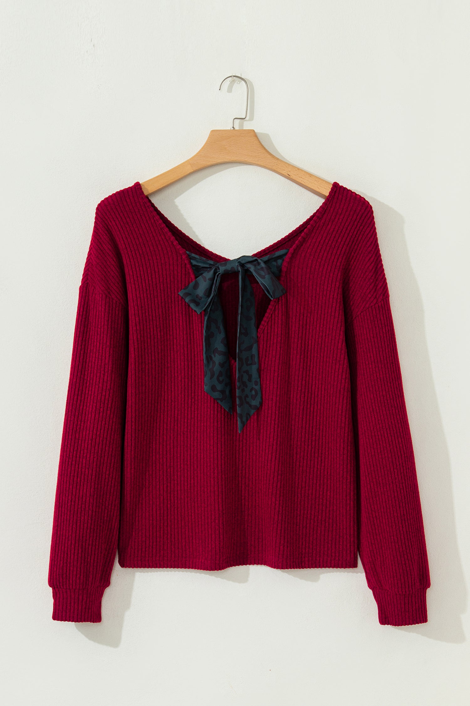 Racing Red Ribbed V Neck Bow Back Top