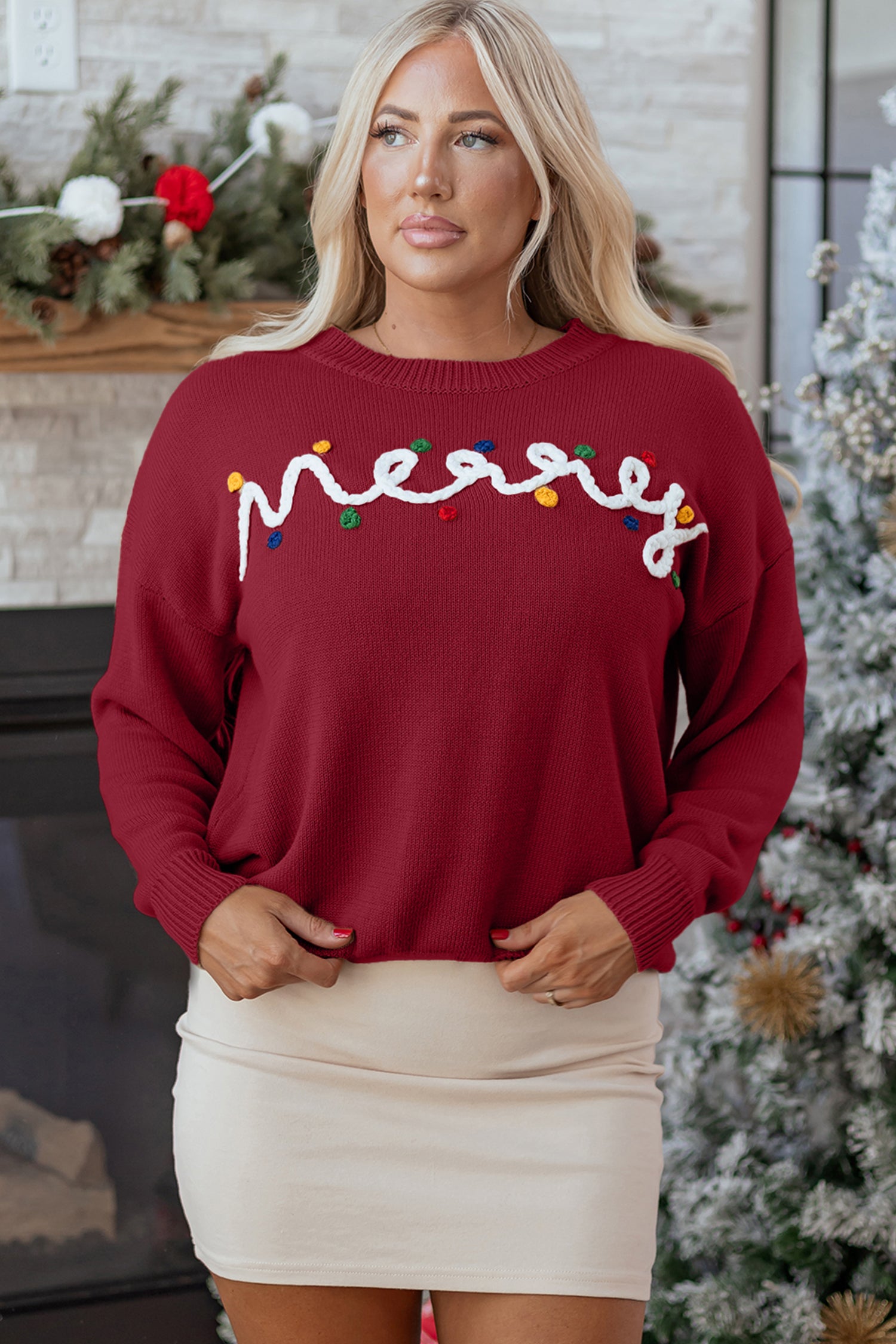 Merry Colorful Dot Detail Christmas Drop Shoulder Sweater